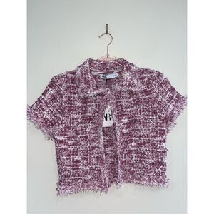 NWT Zara Pink Fringe Textured Tweed Knit Short Sleeve Cardigan S